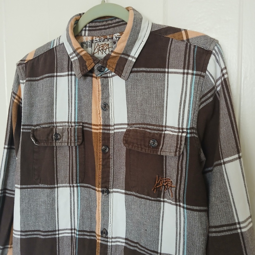 Kirra Shirt Flannel Button Up‎ Men's Small Plaid Brown White Long Sleeve Surf LS